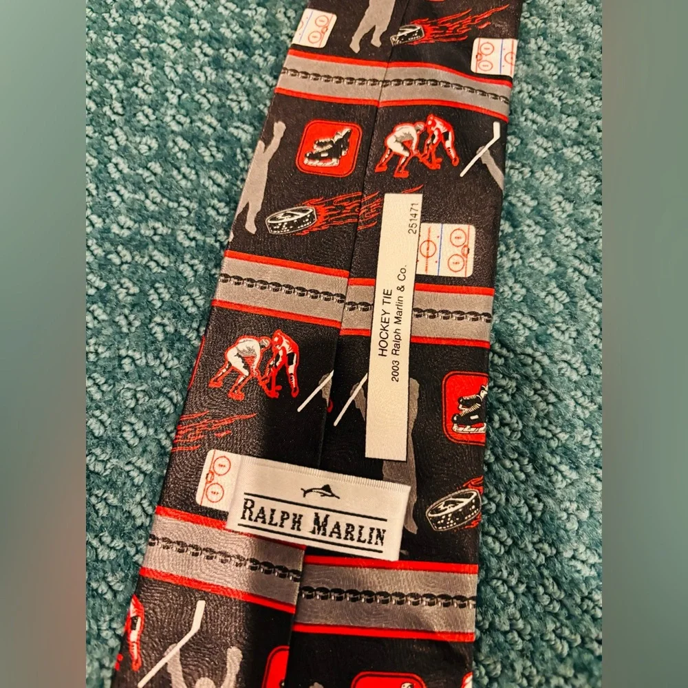 RALPH MARLIN Black and Red Graphic Hockey Themed Necktie